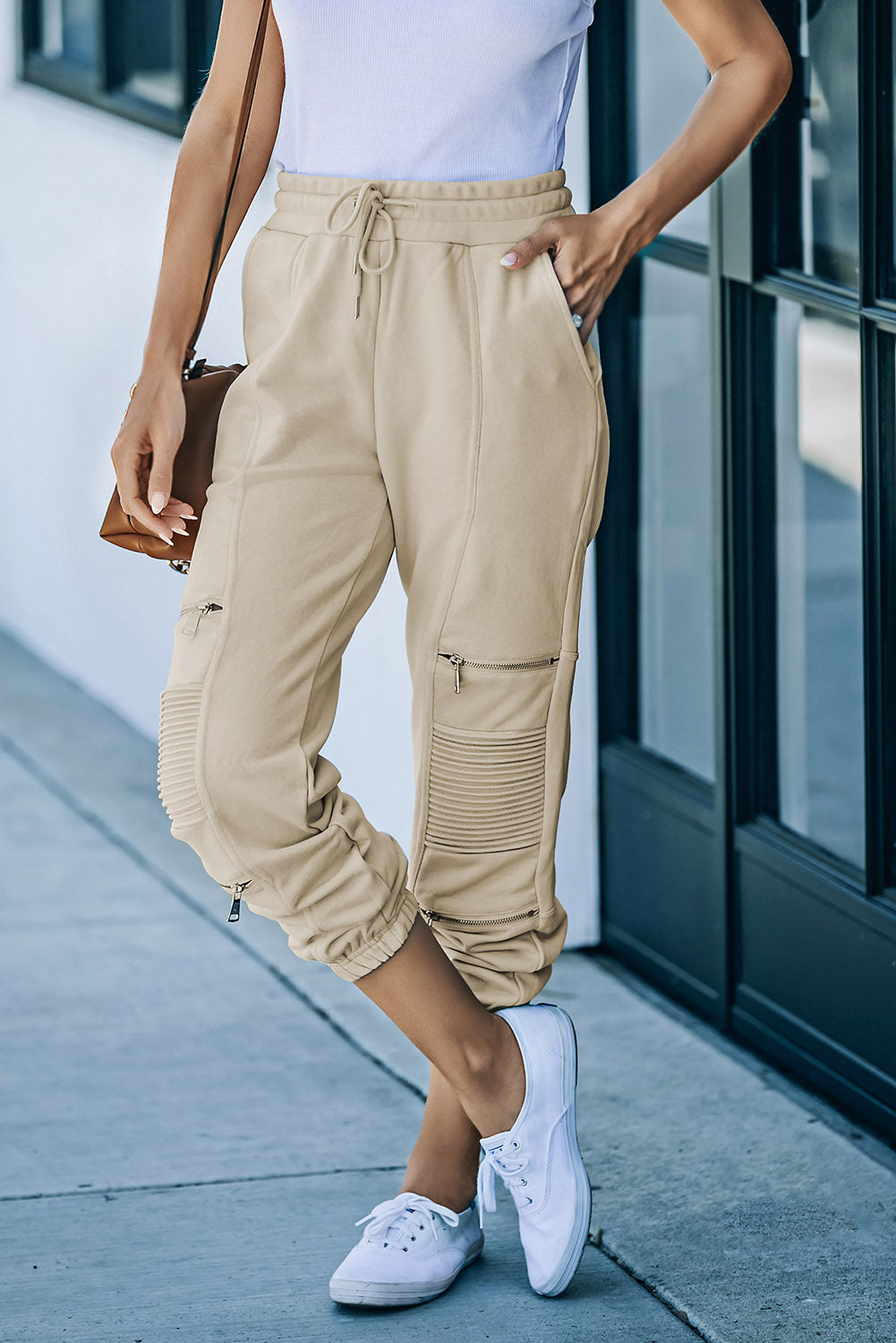 Drawstring Waist Zip Detail Joggers with Pockets - blue yonderz