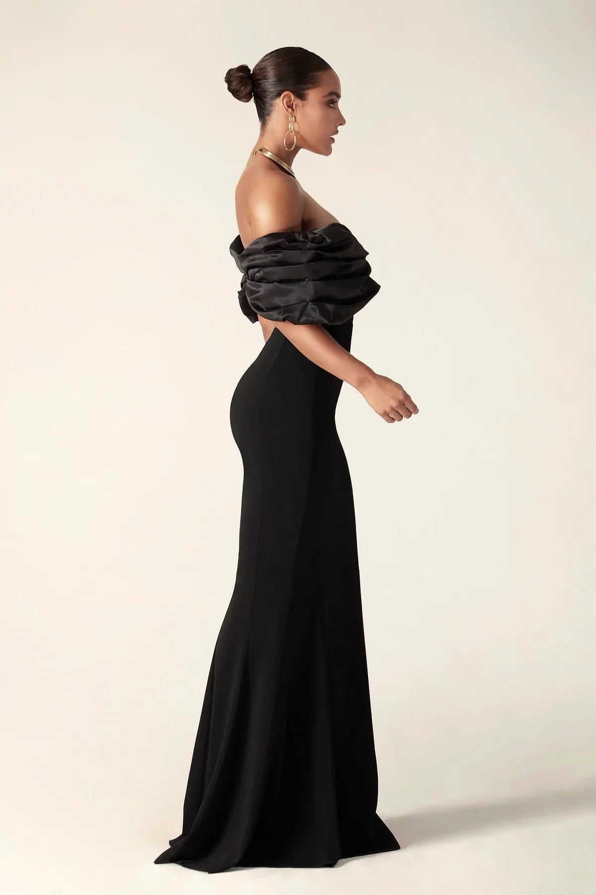 Off-Shoulder Draped Satin Slit Gown