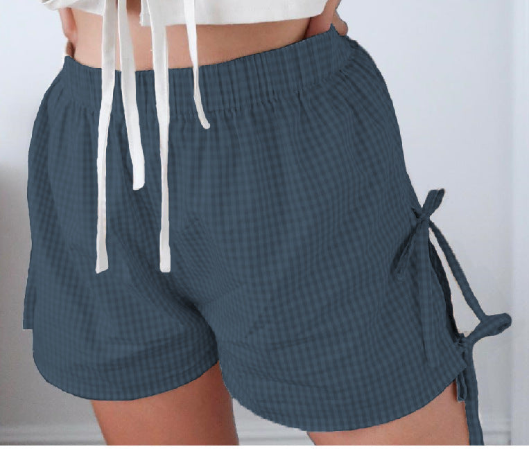 Y2g Women's Retro Plaid Lace-up Loose Shorts - blue yonderz