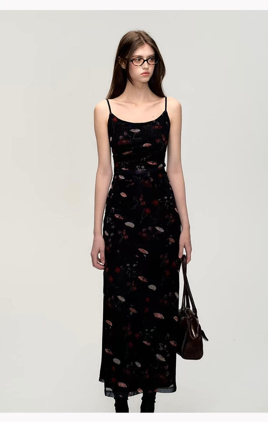 Oil-Painted Black Spaghetti Strap Dress