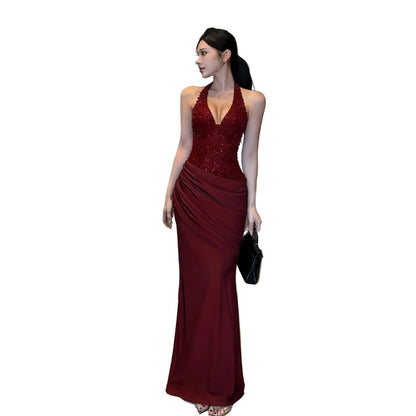 Veloura Crimson Halter Glam Gown