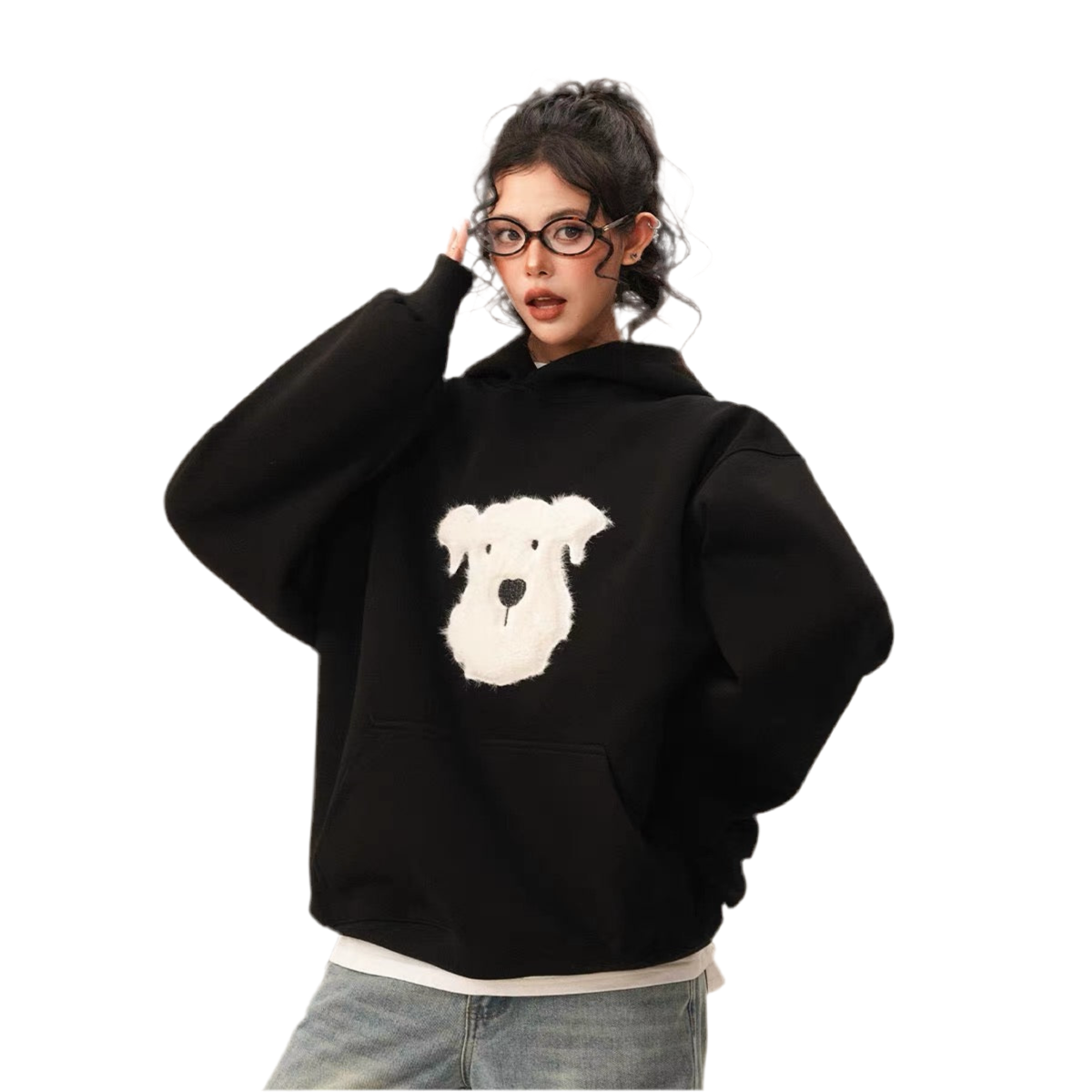 Oversized Plush Puppy Graphic Hoodie