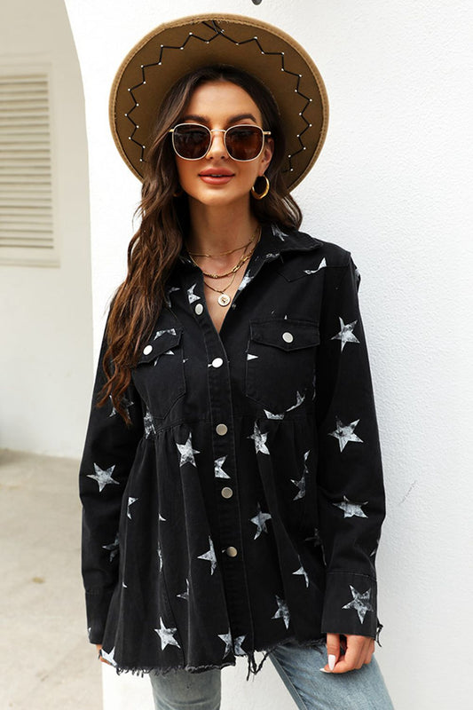 Collared Neck Star Print Long Sleeve Denim Jacket - blue yonderz