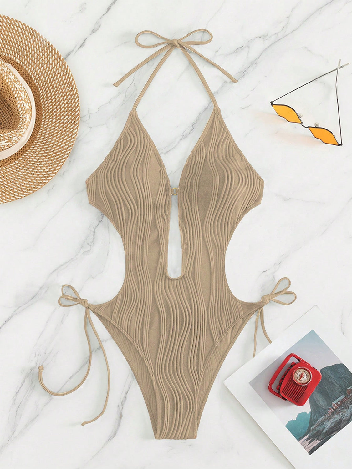 Textured Cutout Tied One-Piece Swimwear Trendsi