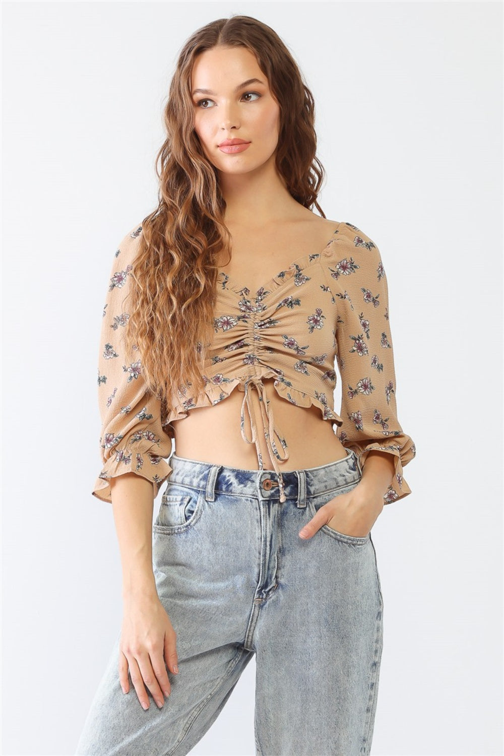 Miss Love / Kevin Co. Floral Ruffle Smocked Back Ruched Crop Top - bllue yonders