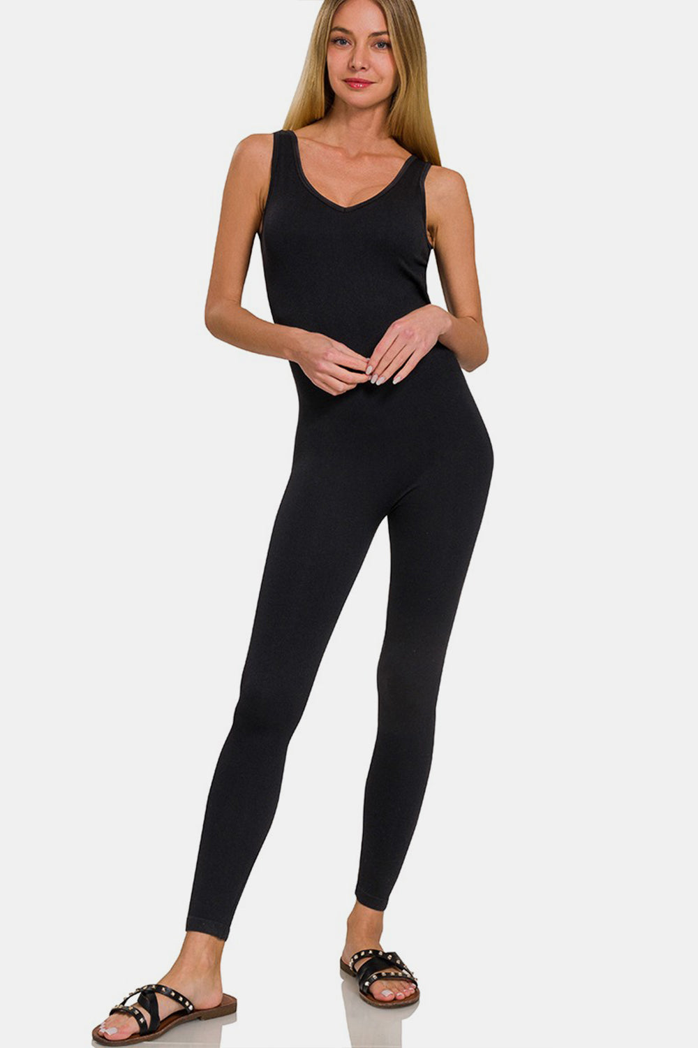 Zenana Ribbed Bra Padded Sports Seamless Jumpsuit - bllue yonders