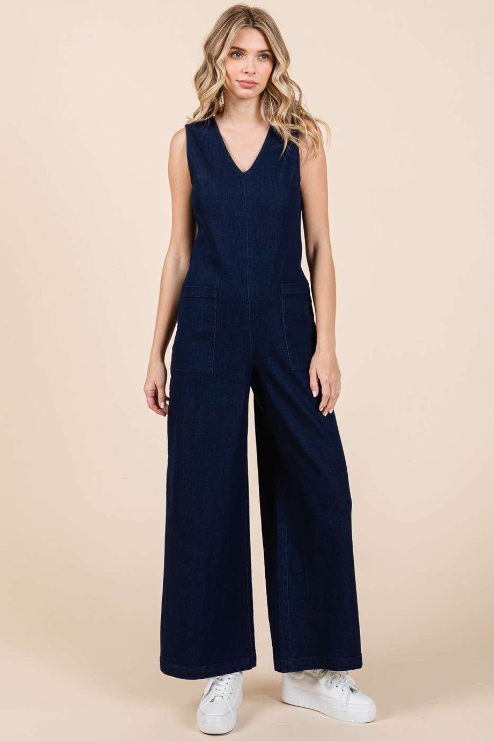 Mittoshop Sleeveless Wide Leg Denim Jumpsuit - blue yonderz