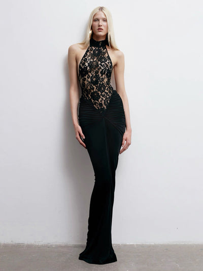 Black Backless Slim Fit Lace Maxi Dress