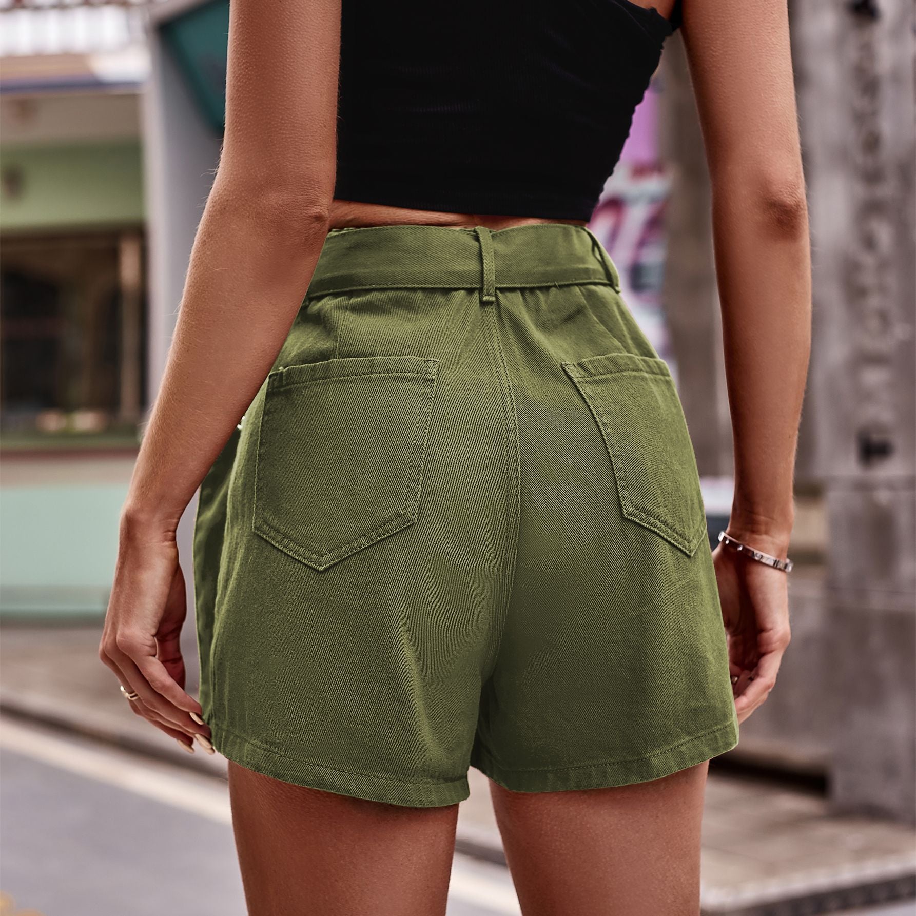 Belted Denim Shorts with Pockets - blue yonderz