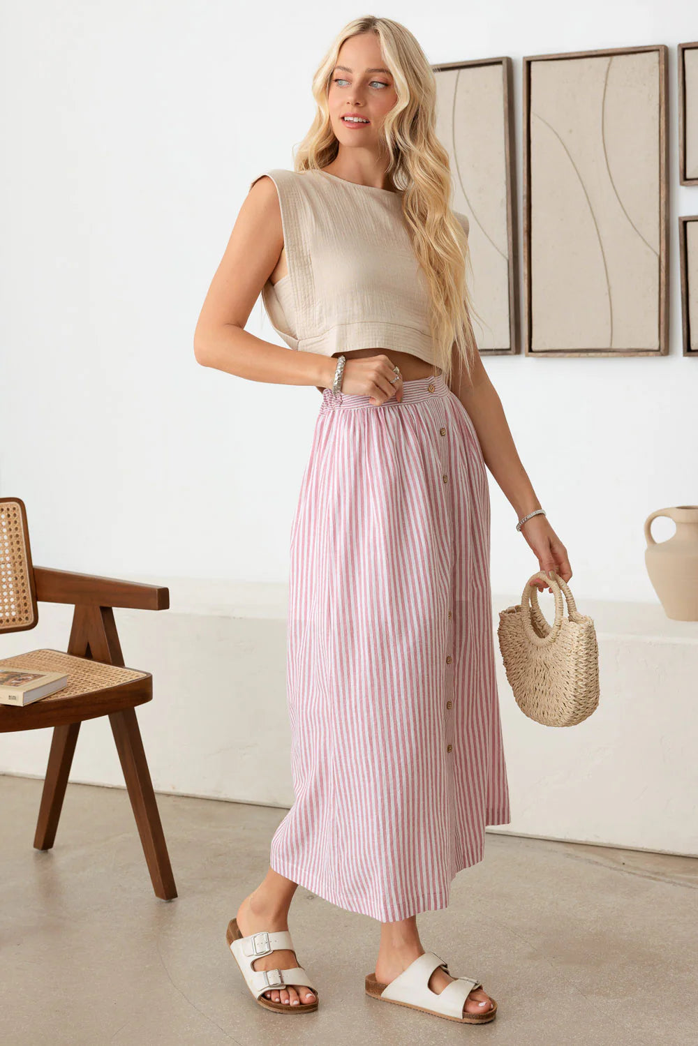 Patio Stripe Button down Maxi Skirt