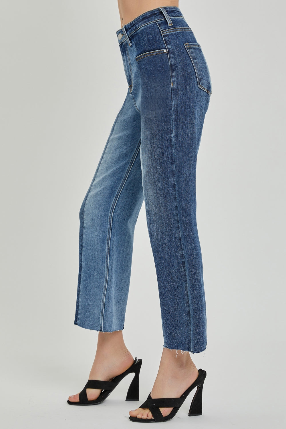 RISEN Full Size Mid-Rise Waist Two-Tones Jeans with Pockets - blue yonderz