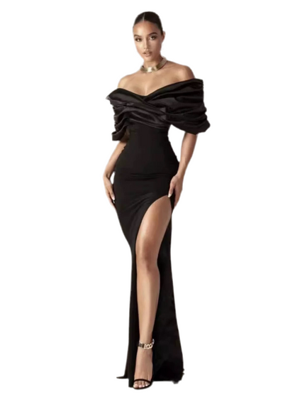 Off-Shoulder Draped Satin Slit Gown