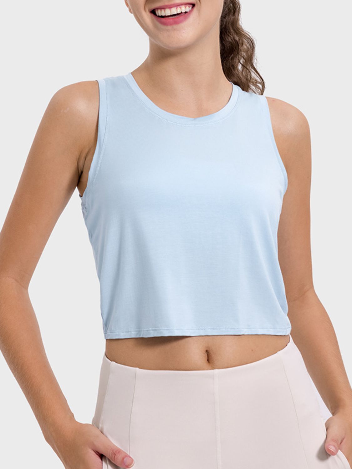 Drawstring Cutout Round Neck Active Tank - bllue yonders