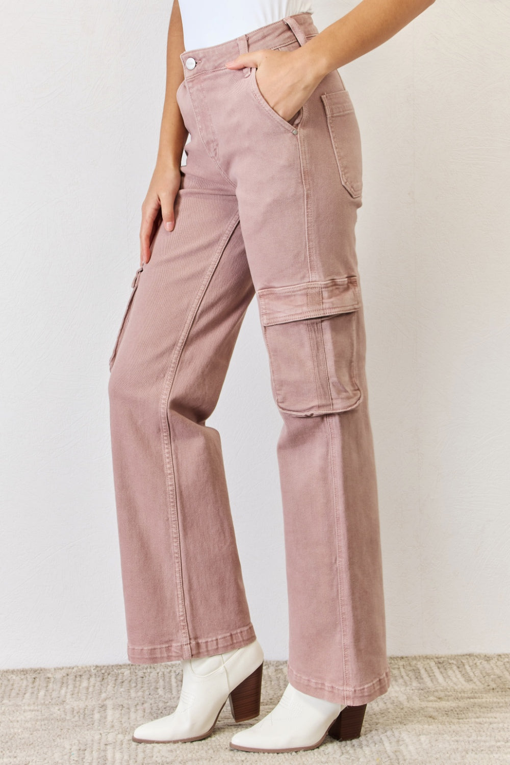 RISEN Full Size High Rise Cargo Wide Leg Jeans - blue yonderz