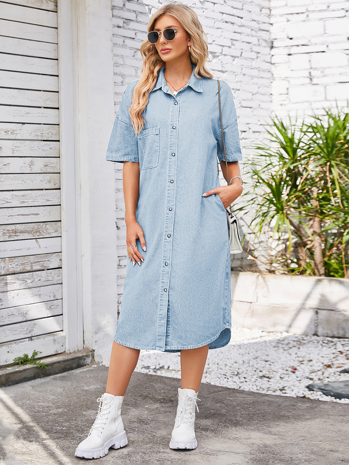 Button Down Half Sleeve Denim Dress - blue yonderz