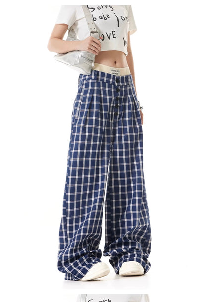 Wide-Leg High-Waist Plaid Trousers - Pants for Women