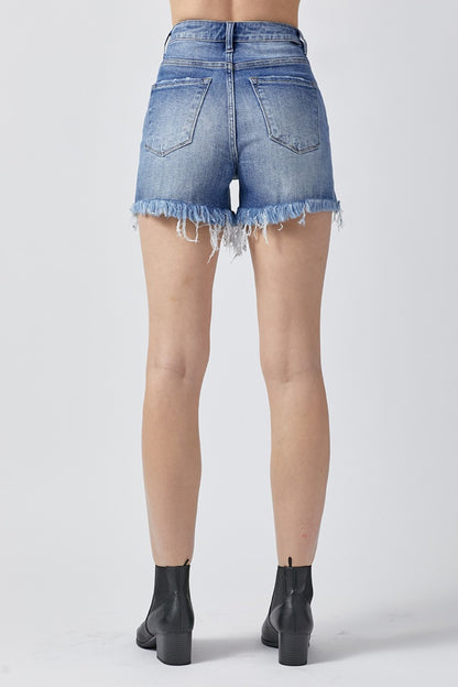 RISEN Raw Hem Asymmetrical Waist Denim Shorts - blue yonderz