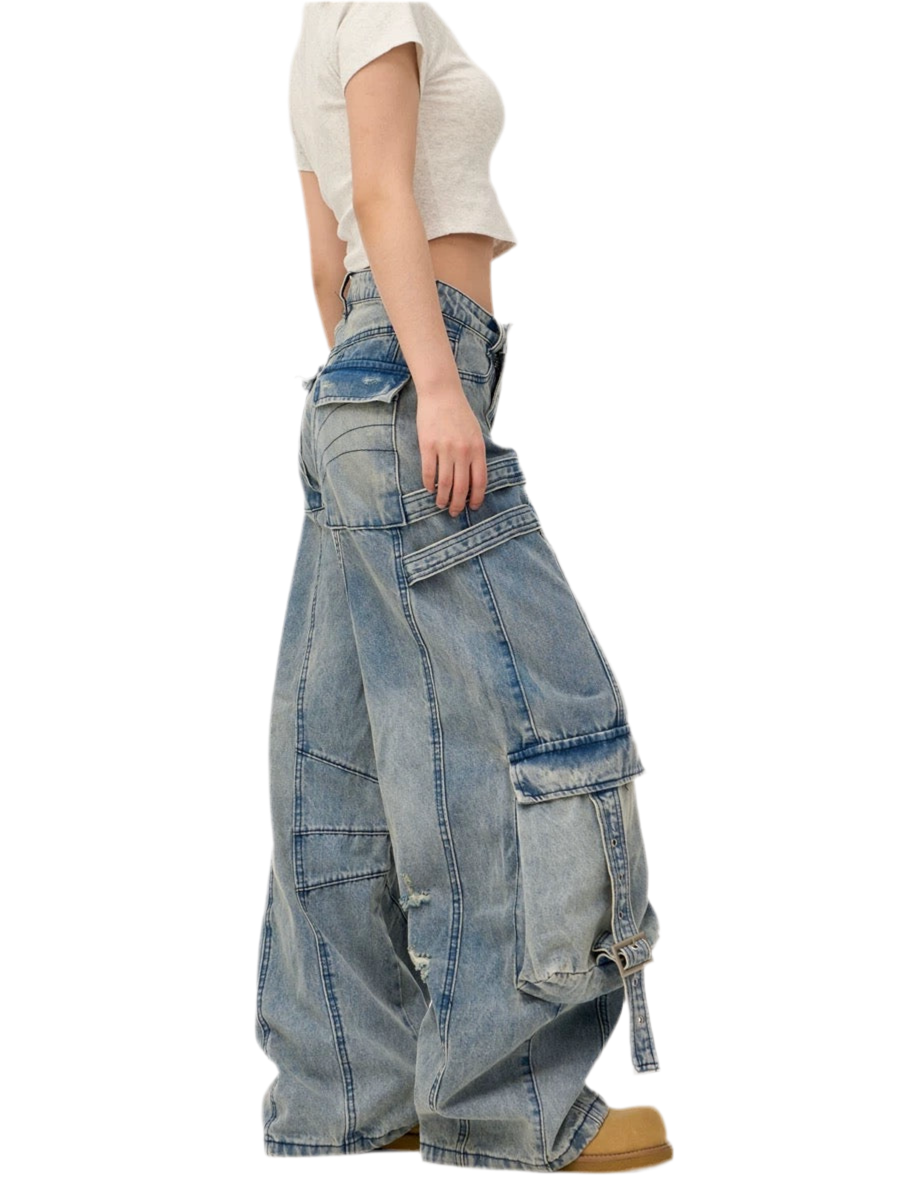 Heavy Washed Ripped Cargo Jeans
