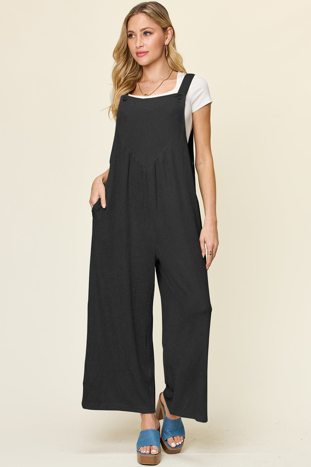 Double Take Full Size Texture Sleeveless Wide Leg Overall - bllue yonders