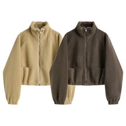 Cozy Drawstring Cropped Fleece Zip Jacket