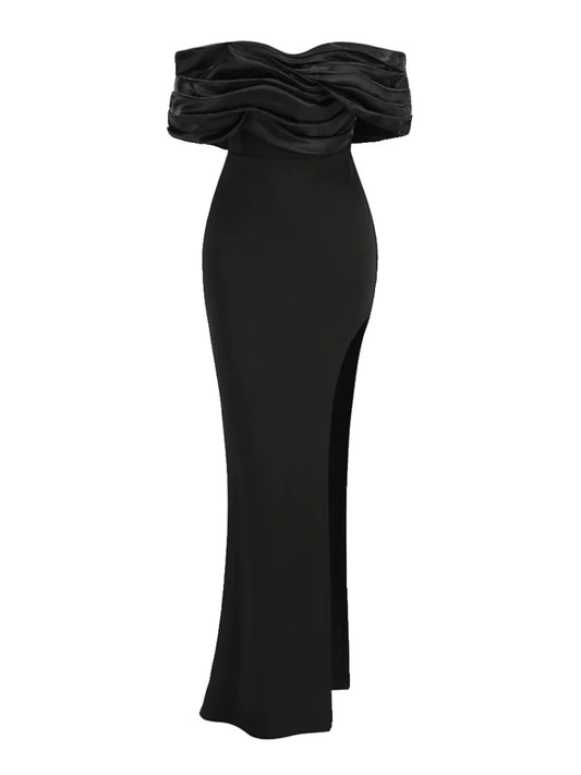 Off-Shoulder Draped Satin Slit Gown