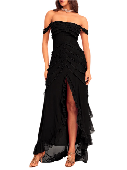 Off-Shoulder Ruffle Slit Evening Dress