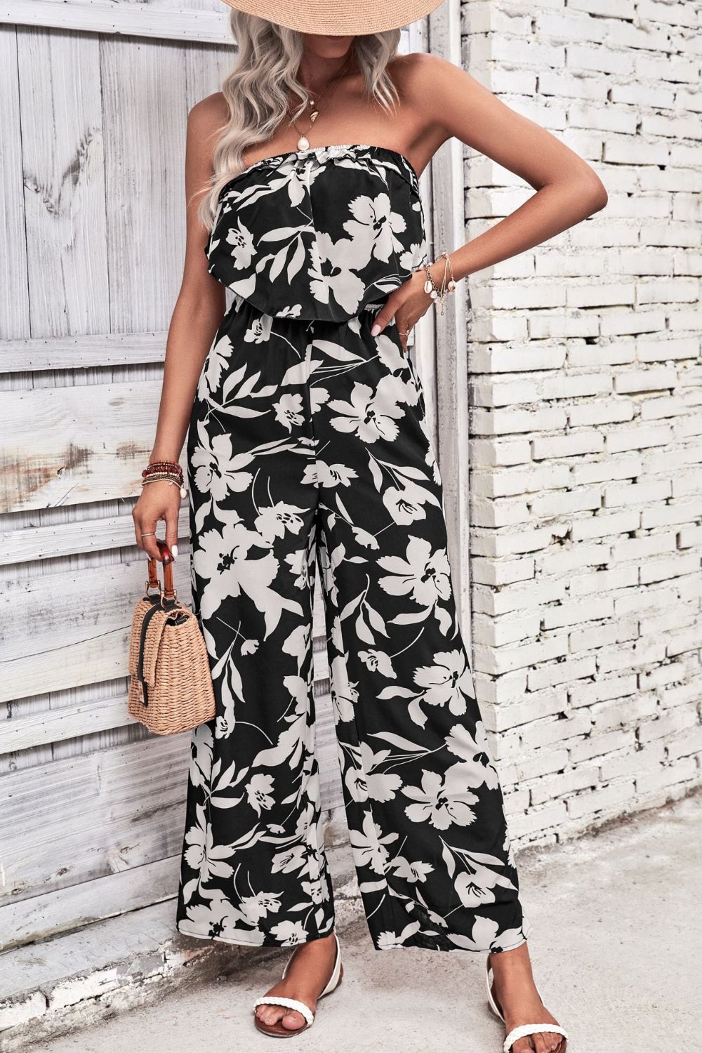 Floral Strapless Wide Leg Jumpsuit - blue yonderz