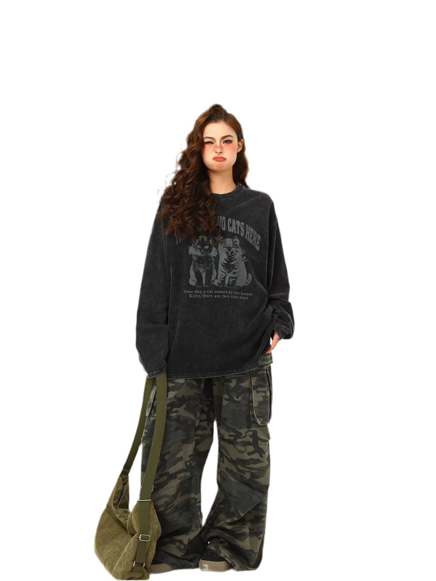 Full Sleeve Oversized Cat Graphic T-shirt