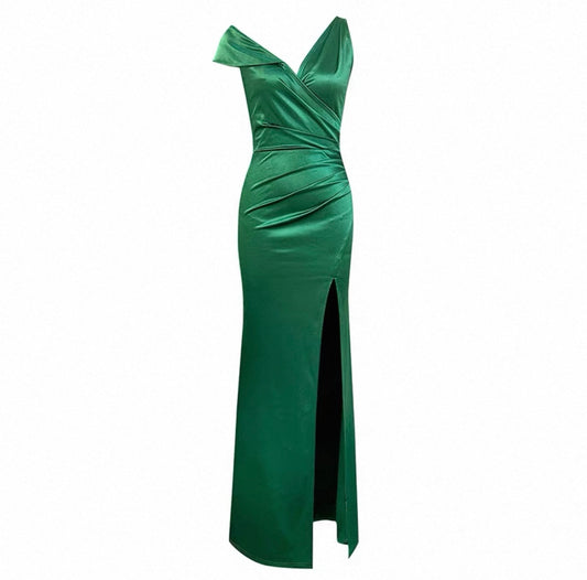 One-Shoulder Thigh-Slit Satin Dress