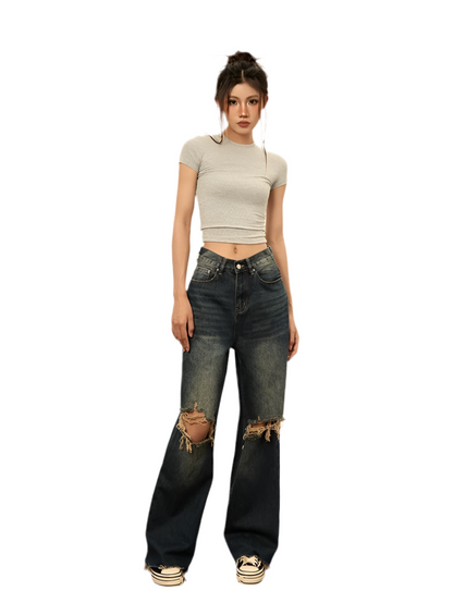 Vintage Blue Rip-Knee Wide Denim Jeans