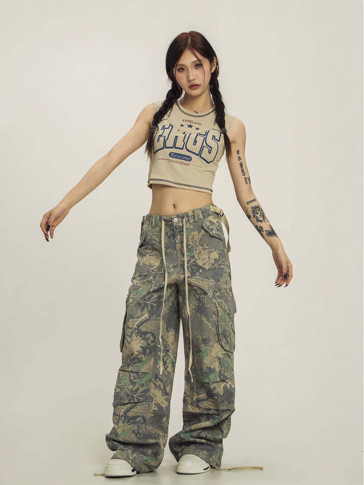 Women's Wide-Leg Cargo Overalls – High-Waist Camouflage Pants