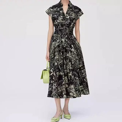 Black Cityscape Shirt Dress Summer Chic