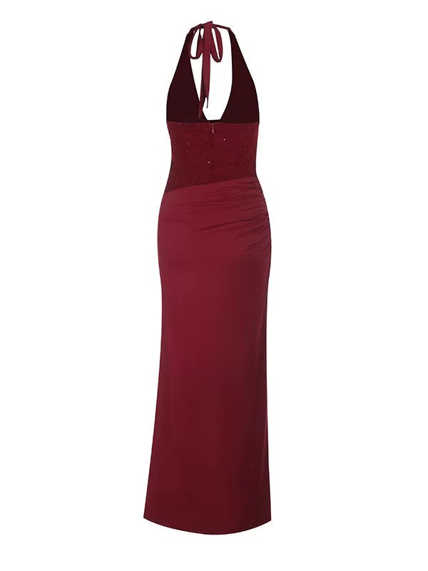 Veloura Crimson Halter Glam Gown