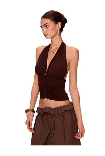 Chic Buttoned Halter Mesh Camisole