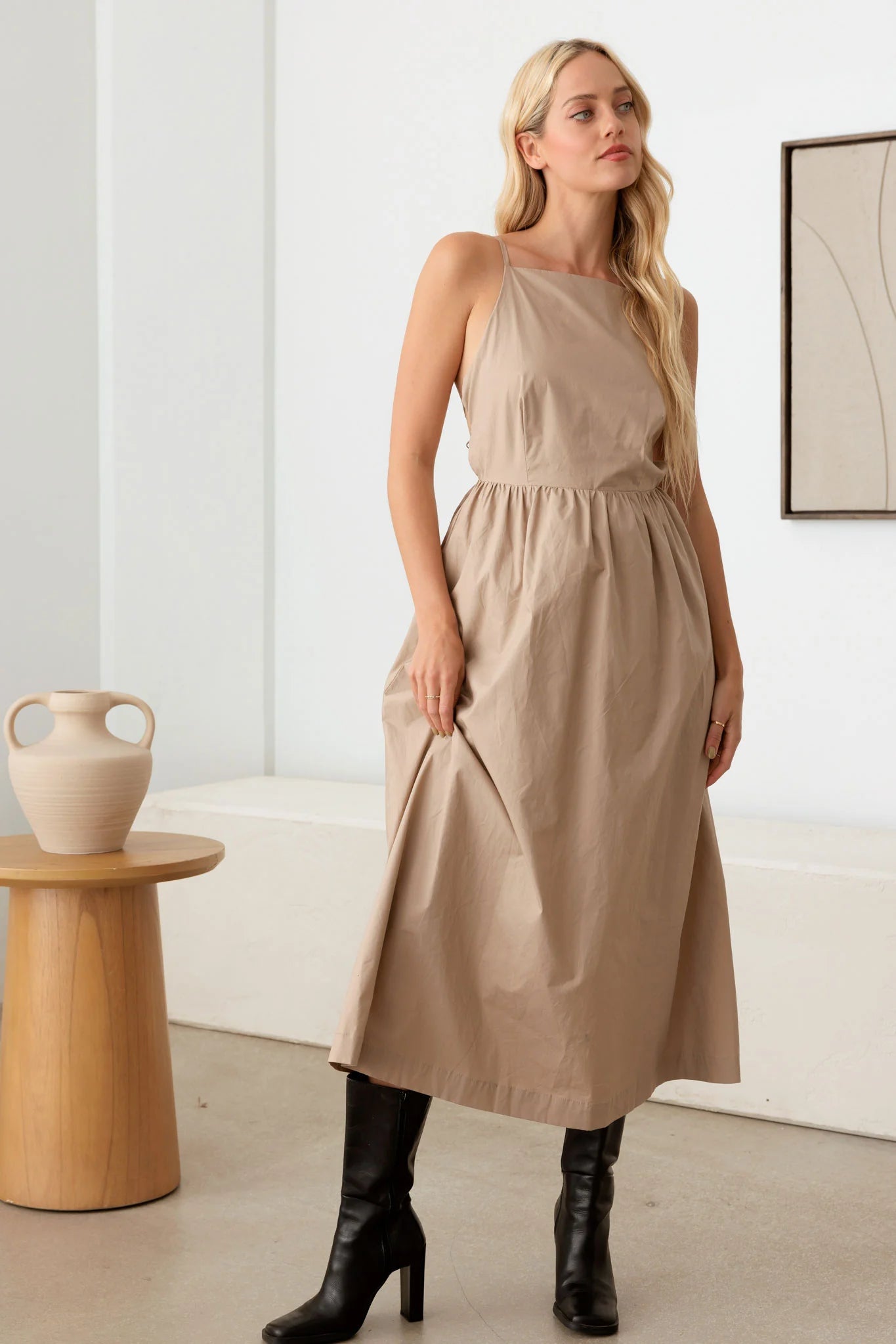 Natural Open Back Tie A-Silhouette Midi Dress