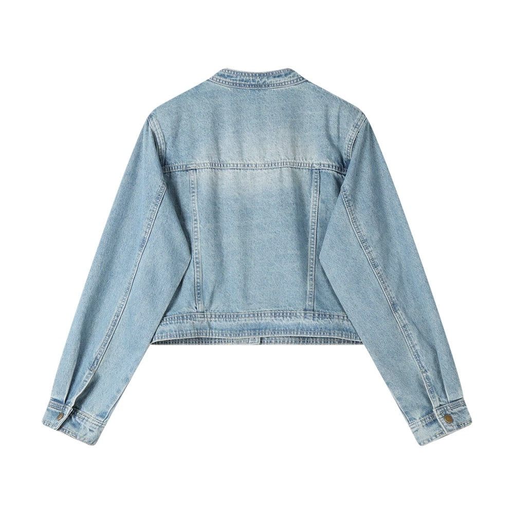 Light Blue Retro Double Zipper Stand Collar Denim Jacket