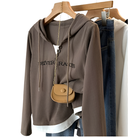 Layered Hem Graphic Text Hooded Sweater