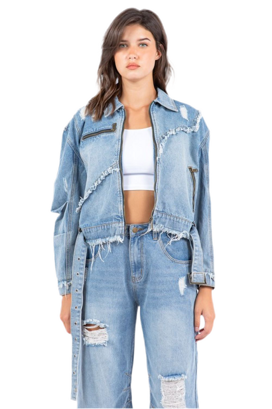Frayed Edge Zip Up Denim Jacket