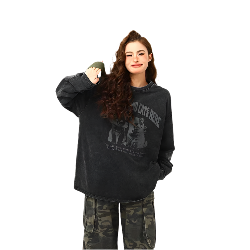 Full Sleeve Oversized Cat Graphic T-shirt