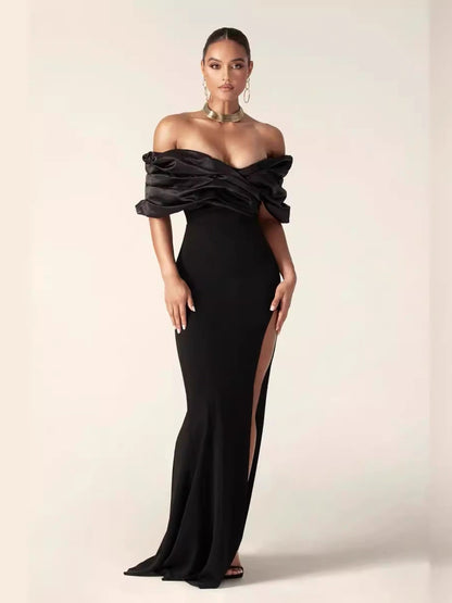 Off-Shoulder Draped Satin Slit Gown