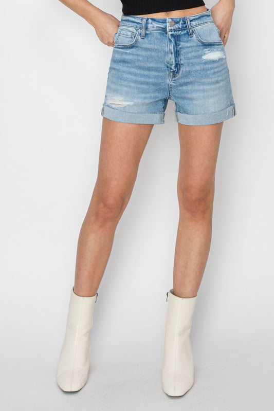 RISEN Distressed Mid-Rise Waist Denim Shorts - blue yonderz