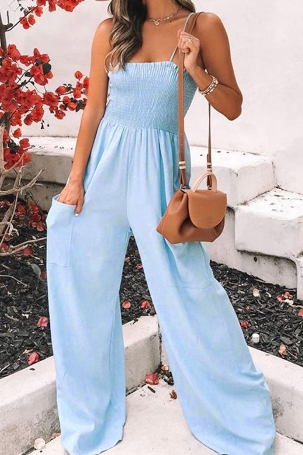 Smocked Spaghetti Strap Wide Leg Jumpsuit - bllue yonders