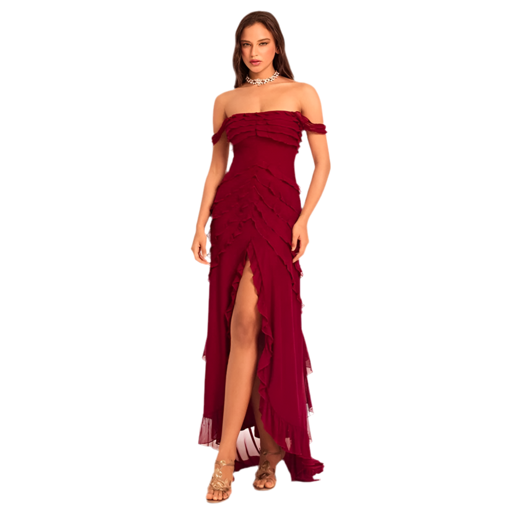 Off-Shoulder Ruffle Slit Evening Dress