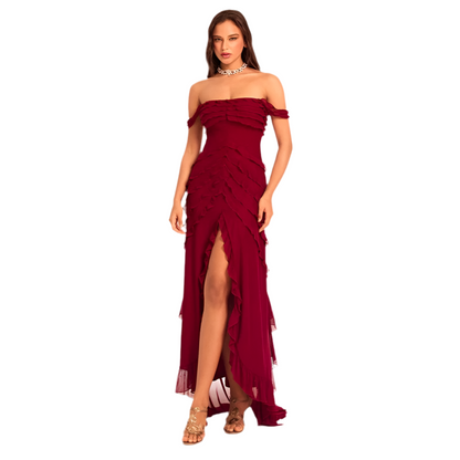Off-Shoulder Ruffle Slit Evening Dress