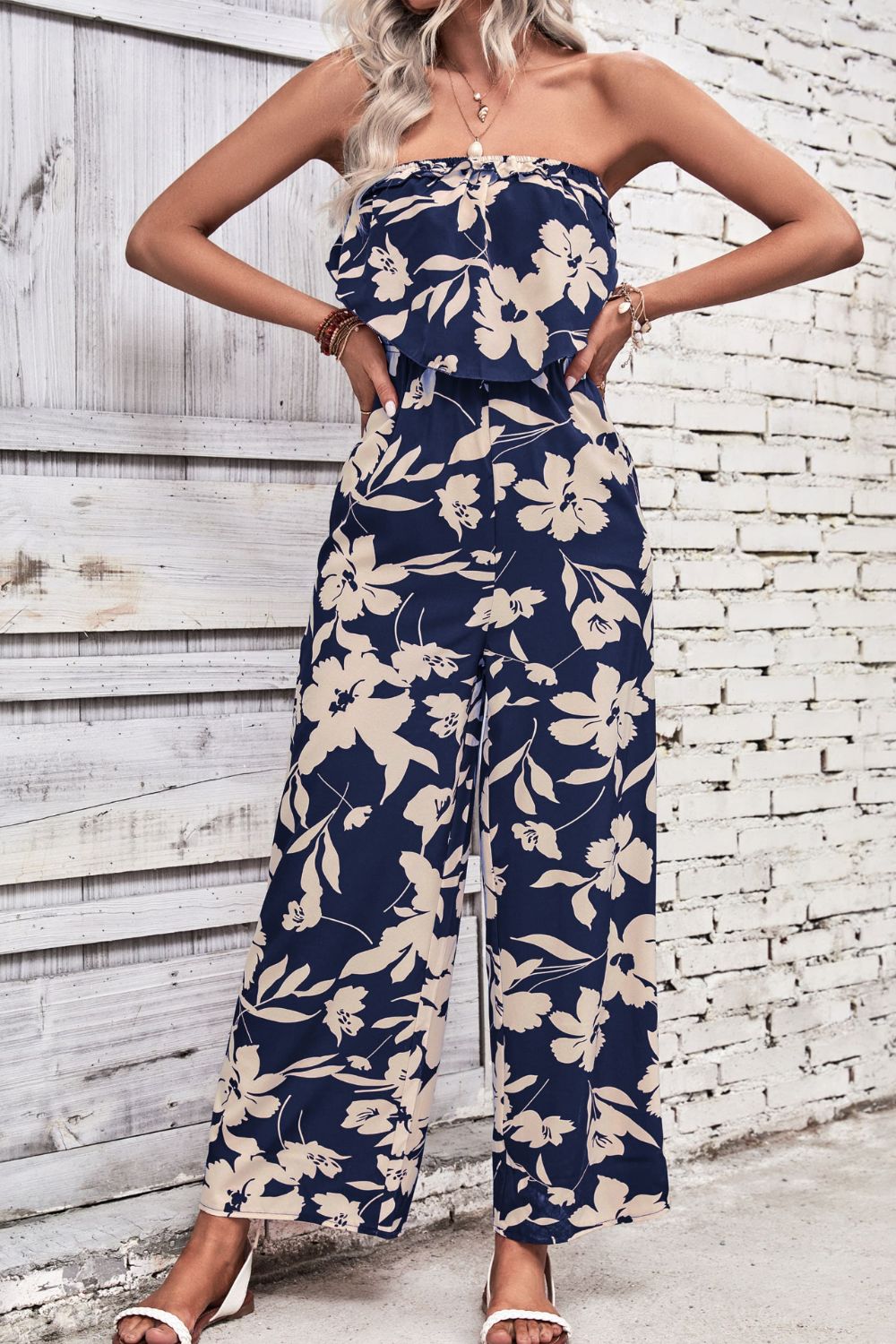 Floral Strapless Wide Leg Jumpsuit - blue yonderz