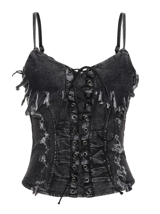 Edgy Denim Lace-Up Corset Top