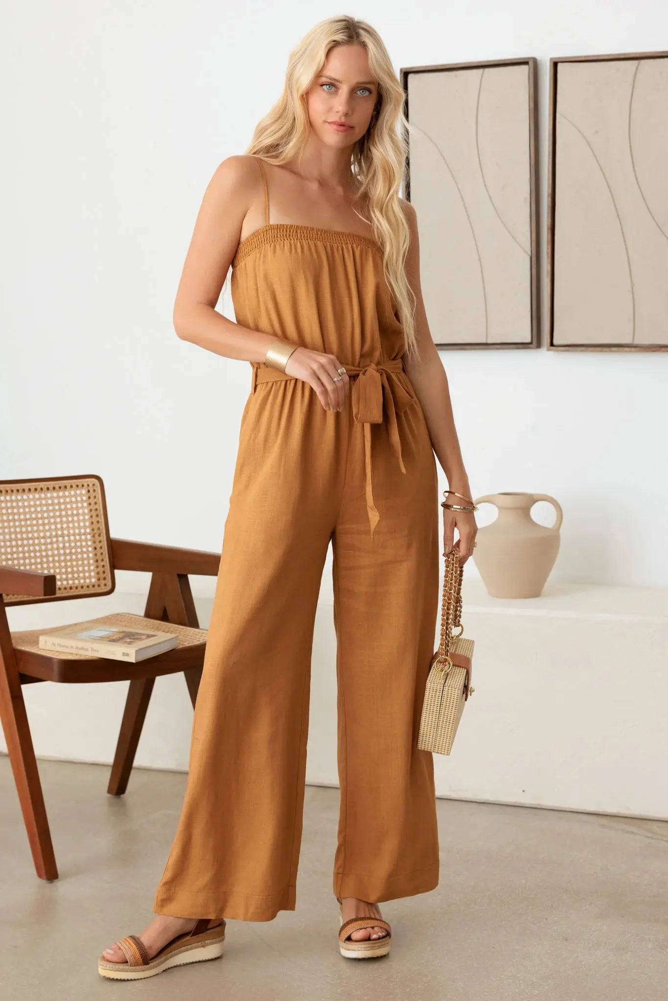 Tie Waist Linen Smocked Neck-Line Jumpsuit