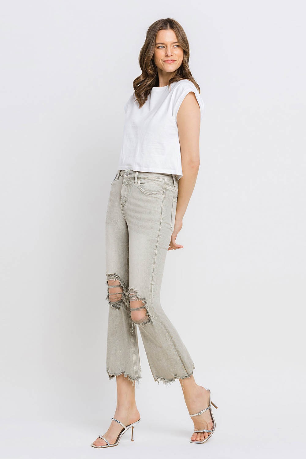 Lovervet Distressed Raw Hem Cropped Flare Jeans - blue yonderz