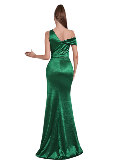 One-Shoulder Thigh-Slit Satin Dress