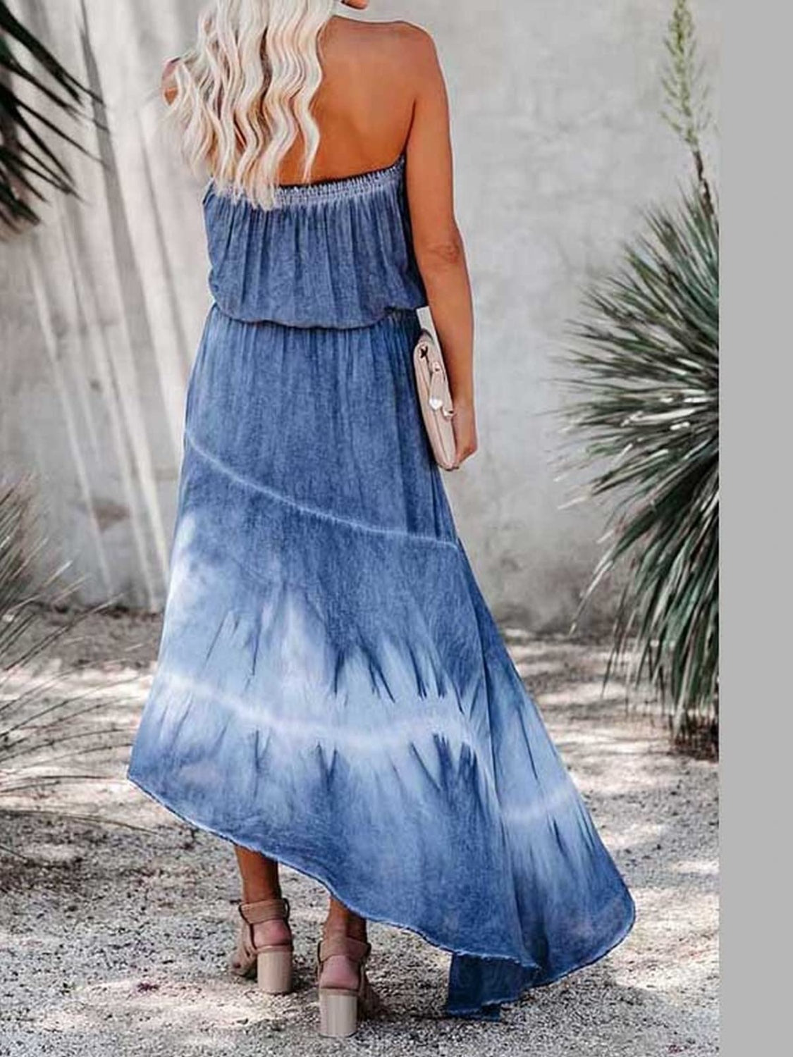 Smocked High-Low Tube Denim Dress - blue yonderz